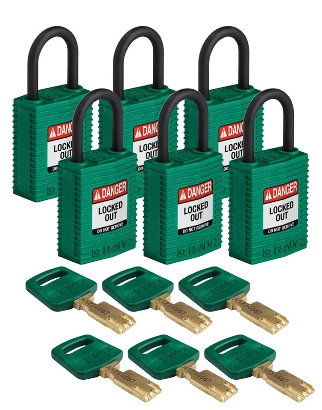Brady SafeKey Compact Padlock, Nylon Shackle, 33mm x 67mm x 19mm, Green, Pack of 6