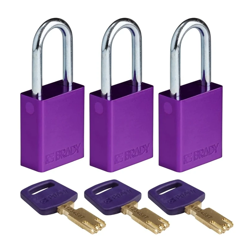 Brady SafeKey Padlock Aluminum 3-pack - Lockout Padlock with Key - Lockout Tagout Security Lock for Indoor and Outdoor Use - Shackle Height 38.10 mm - Keyed Alike - Purple