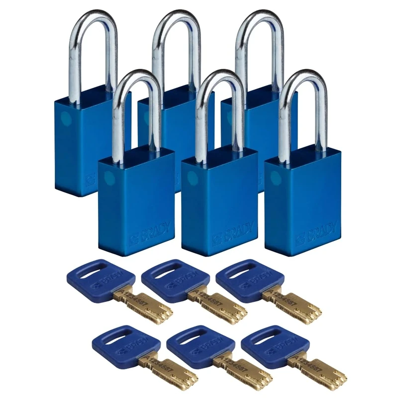 Brady SafeKey Padlock Aluminum 6-pack - Lockout Padlock with Key - Lockout Tagout Security Lock for Indoor and Outdoor Use - Shackle Height 38.10 mm - Keyed Differently - Blue