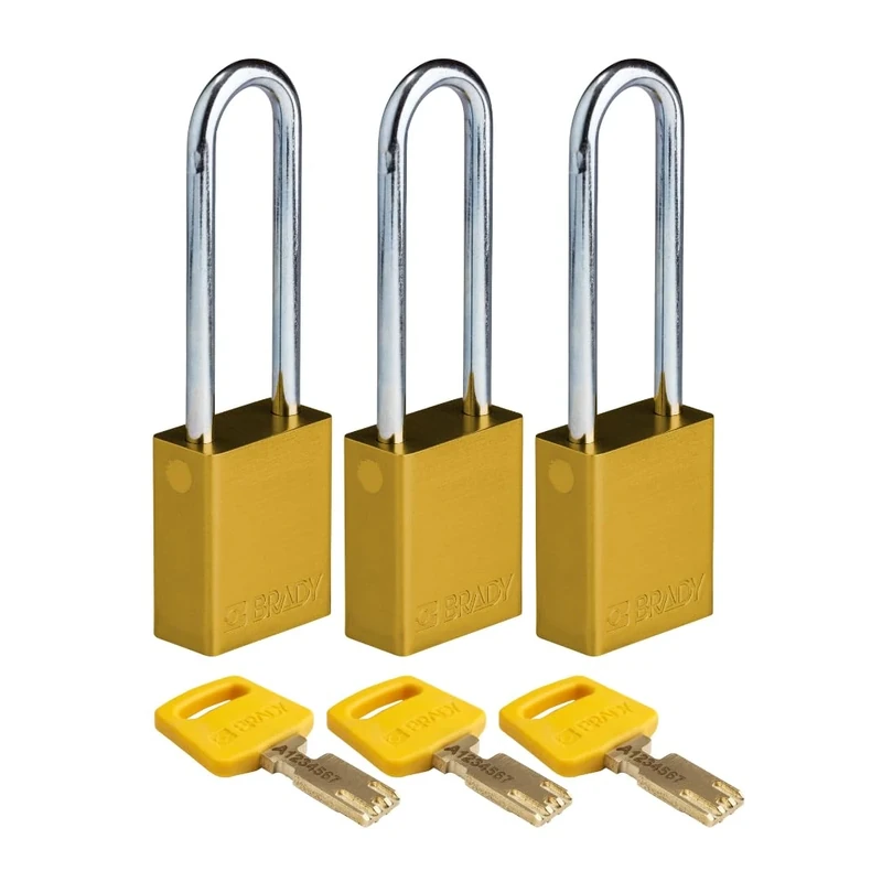 Brady SafeKey Padlock Aluminum 3-pack - Lockout Padlock with Key - Lockout Tagout Security Lock for Indoor and Outdoor Use - Shackle Height 76.20 mm - Keyed Alike - Yellow