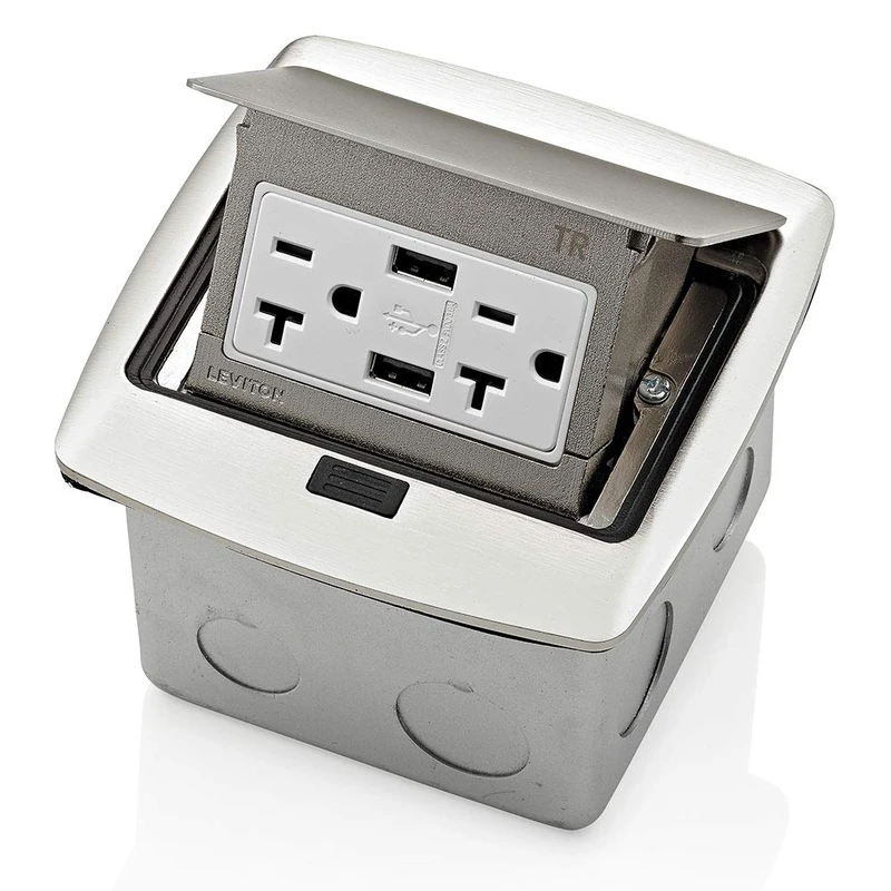 Leviton PFUS2-BN Pop-Up Floor Box with Dual Type A, 3.6 Amp USB Charger, 20Amp Outlet, Brushed Nickel