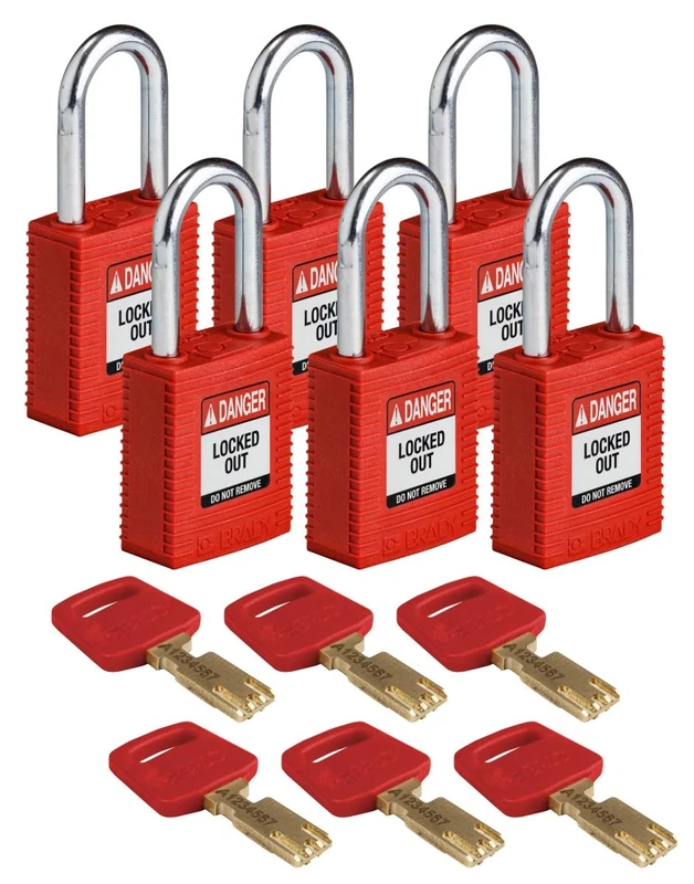 Brady SafeKey Nylon Padlock, Steel Shackle, 38mm x 84mm x 19mm, Red, Pack of 6