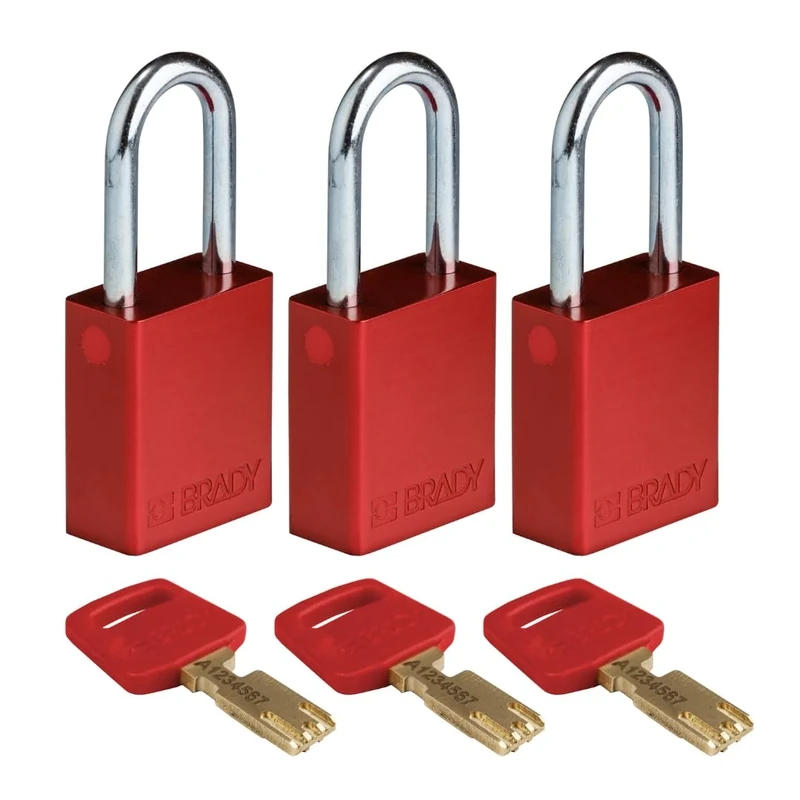 Brady SafeKey Padlock Aluminum 3-pack - Lockout Padlock with Key - Lockout Tagout Security Lock for Indoor and Outdoor Use - Shackle Height 38.10 mm - Keyed Alike - Red