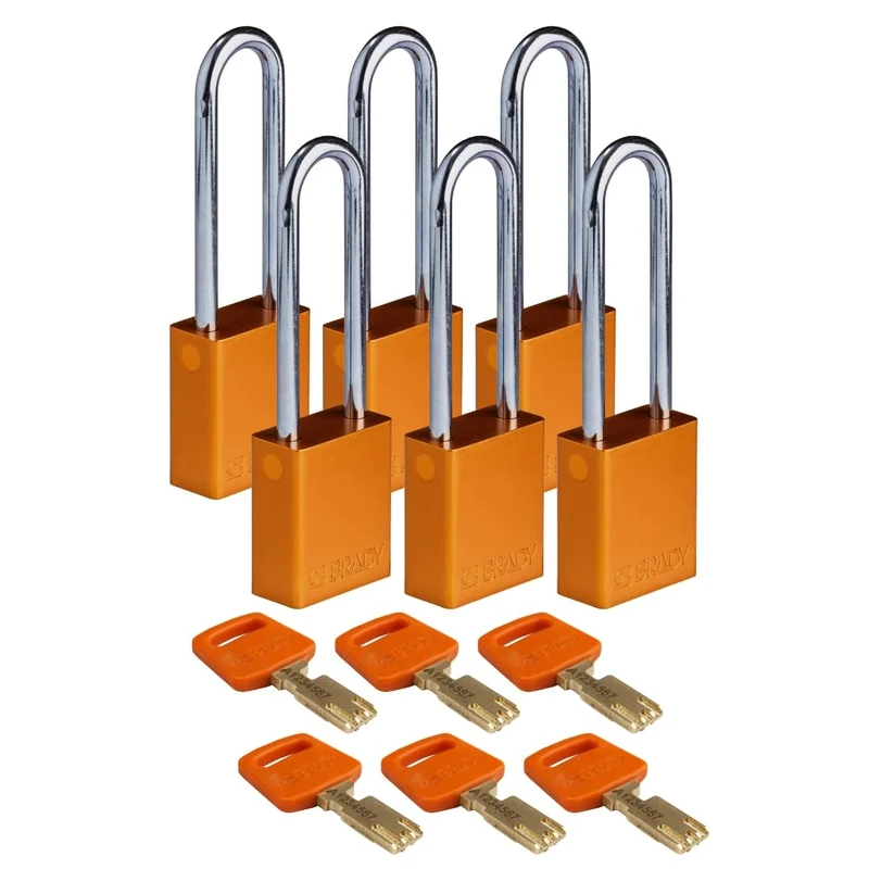 Brady SafeKey Padlock Aluminum 6-pack - Lockout Padlock with Key - Lockout Tagout Security Lock for Indoor and Outdoor Use - Shackle Height 76.20 mm - Keyed Differently - Orange
