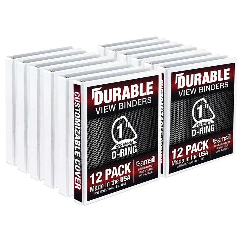 Samsill Durable 1 Inch Binder, Made in The USA, D Ring Binder, Customizable Clear View Cover, White, 12 Pack, Each Holds 225 Pages