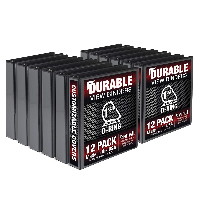 Samsill Durable 1.5 Inch Binder, Made in The USA, D Ring Binder, Customizable Clear View Binder, Black, 12 Pack, Each Holds 350 Pages