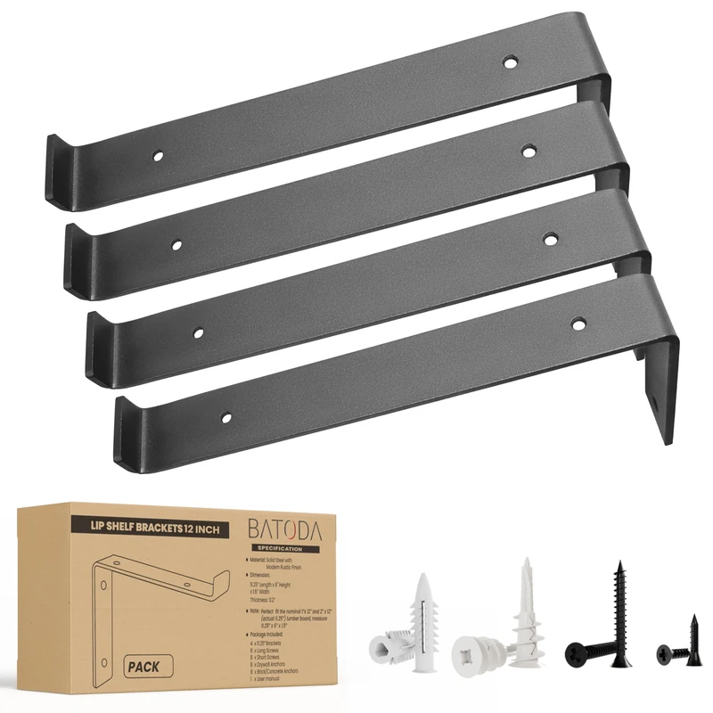BATODA Shelf Brackets 12 inch (8 pcs) with Lip for DIY Floating Shelf - 8 Pack L Shelf Bracket Black 12 inches - Heavy Duty Hook Brackets for Shelves - Wall Mounted Support for DIY Open Shelving