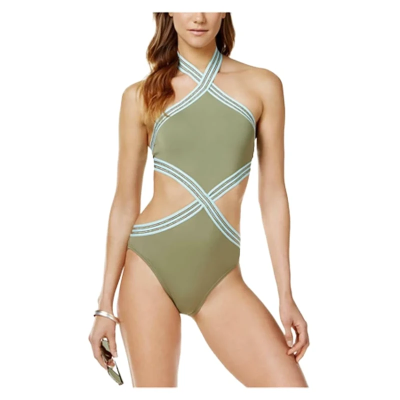 VINCE CAMUTO High Neck Cut Out Sea Band One Piece Swimsuit Monokini Avocado Green
