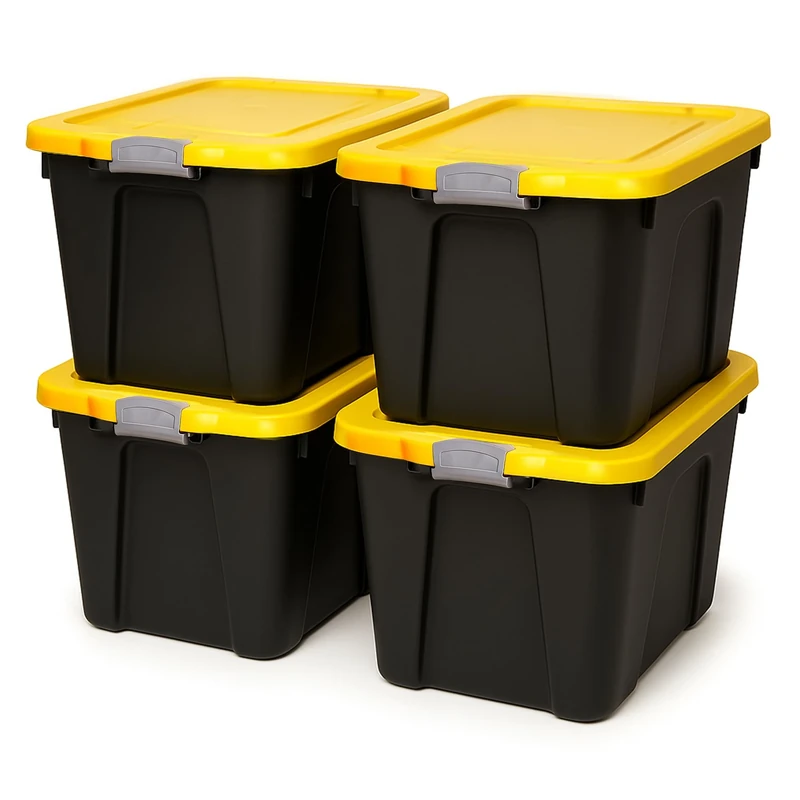 Homz 22 Gallon Durabilt LLDPE Container with Latches Heavy Duty Plastic Storage, Set of 4, Black and Yellow, 4 Sets