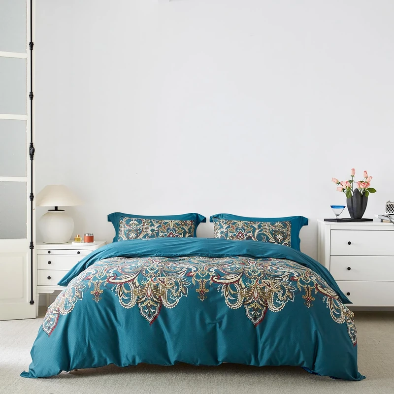 SUSYBAO Bohemian Paisley Duvet Cover King 100% Egyptian Cotton Teal Boho Damask Duvet Cover Set 3 Pieces 1 Vintage Bohemian Duvet Cover with Zipper Ties 2 Pillowcases Luxury Soft Boho Bedding Set