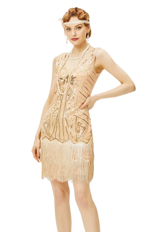 BABEYOND Women's Flapper Dresses 1920s V Neck Beaded Fringed Great Gatsby Dress, Champagne & Gold, 3X-Large