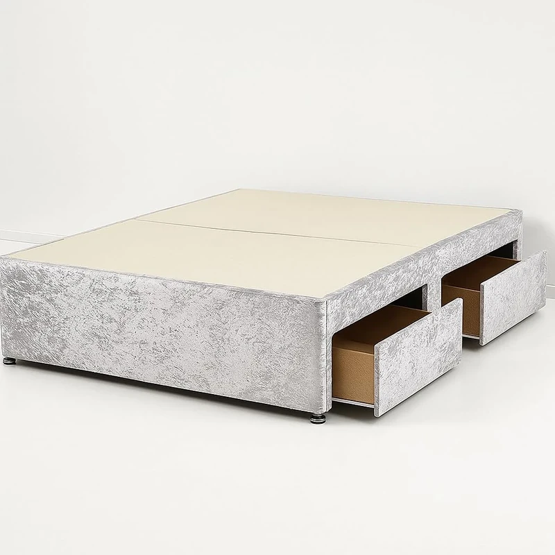 Divan Beds Deals | Silver Crushed Velvet Bed Base | Bedroom Furniture Bed Base - Luxurious Divan Bed Base With 2 Storage Drawers (3FT Single)