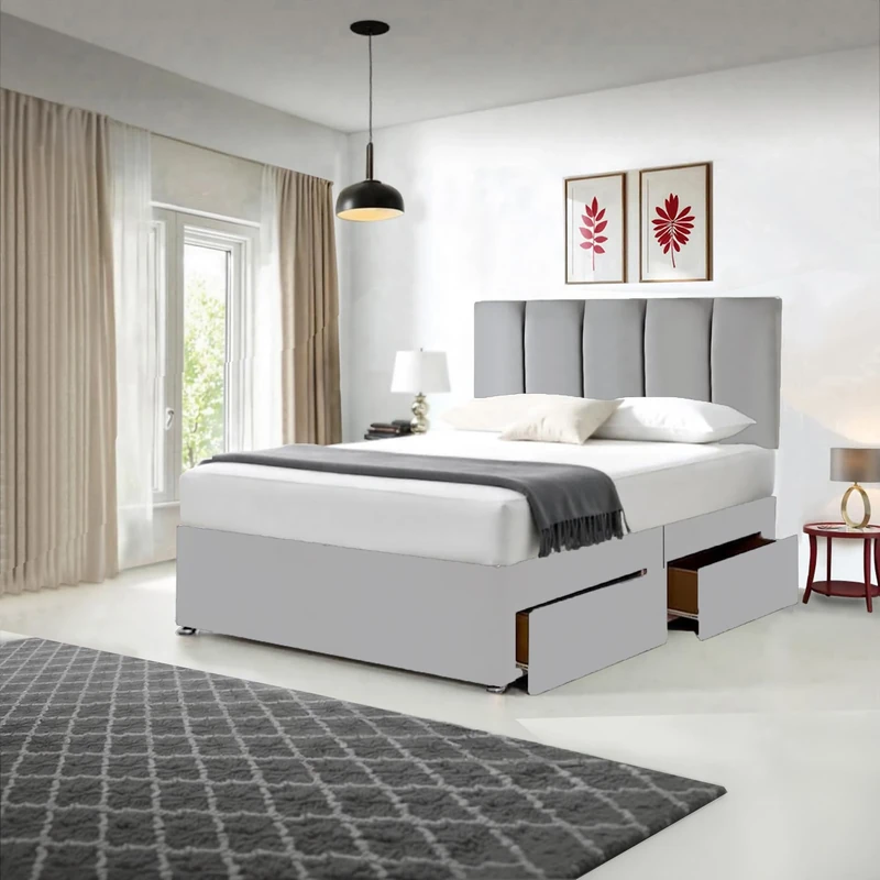 Divan Beds Deals - Grey Suede Divan Double Bed with 2 Storage Drawers | Double Bed Frame with Mattress Included Spring Memory Foam Mattress & 20” Vertical Line Headboard