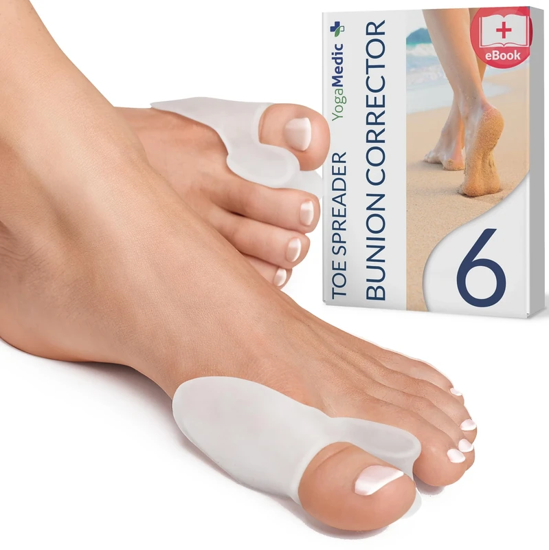 Yogamedic Bunion Corrector Big Toe Straightener - One Size, Pack of 6, Transparent Silicone - Hallux Valgus Corrector & Bunion Relief Pads