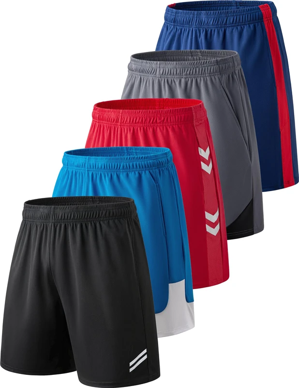 Liberty Imports Pack of 5 Men's Athletic Basketball Shorts Mesh Quick Dry Activewear with Pockets, Black/Sky Blue/Red/Gray/Navy, Large