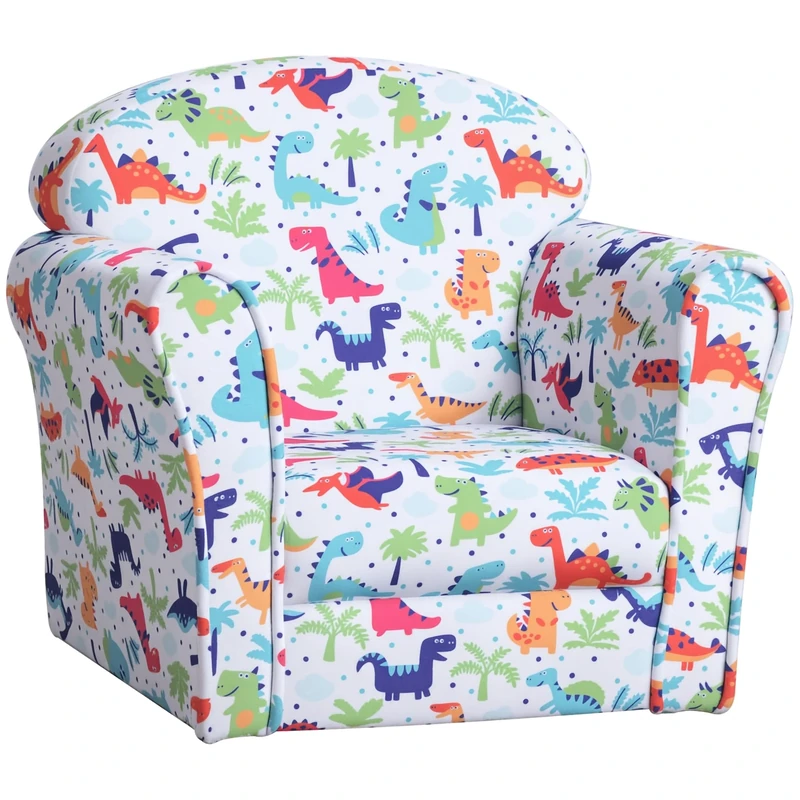 HOMCOM Children's Armchair Flannel Kids Sofa Tub Chair Cartoon Dinosaur Pattern Wooden Frame Bedroom Playroom Seater Multicolour