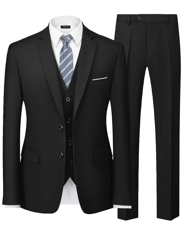 MY'S Men's 3 Piece Slim Fit Suit Set, 2 Button Blazer Jacket Vest Pants with Tie, Solid Wedding Dress Tux and Trousers - Black - Large