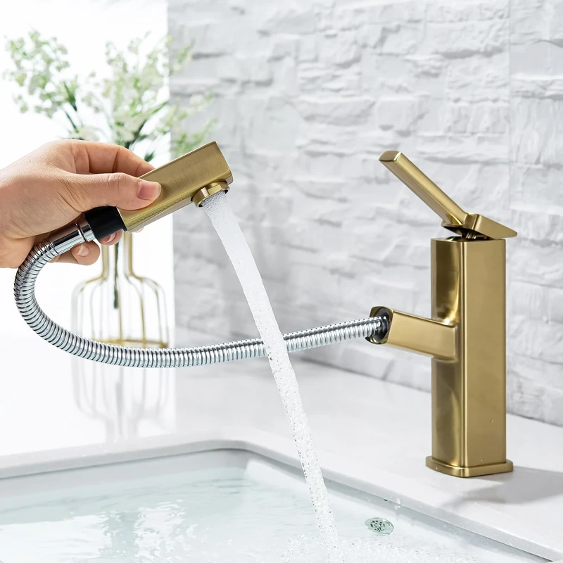 KAIYING Bathroom Sink Faucet with Pull Out Sprayer, Single Handle Basin Mixer Tap for Hot and Cold Water, Lavatory Pull Down Vessel Sink Faucet with Rotating Spout (Regular,Brushed Champagne Gold)