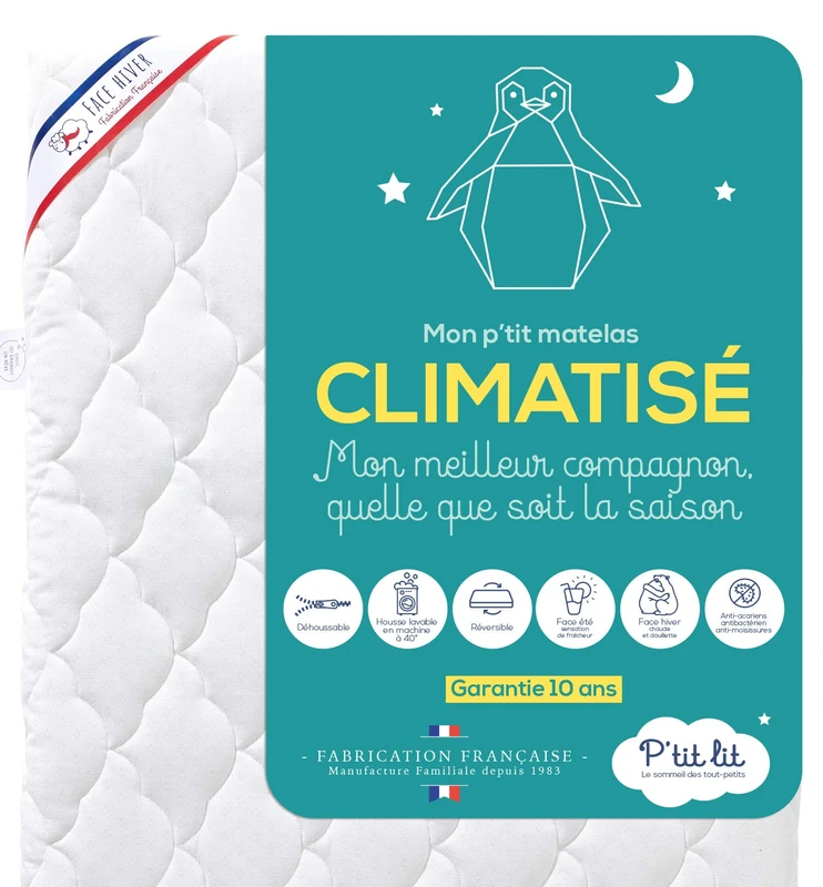 P'TIT LIT - Air-conditioned Child/Baby Mattress - 70x140 cm - 1 Side Cool Summer/ 1 Side Padded Winter - Anti Mite - Removable - Oeko Tex® - Made in France, White