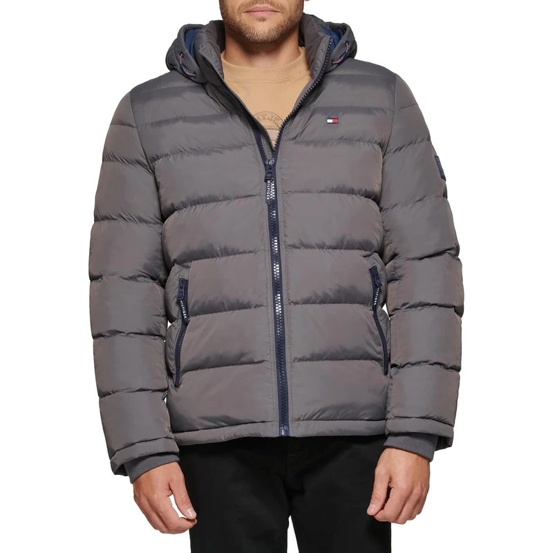 Tommy Hilfiger Men's Down Alternative Hooded Puffer Jacket (Standard and Big & Tall) Coat, Charcoal, XXL