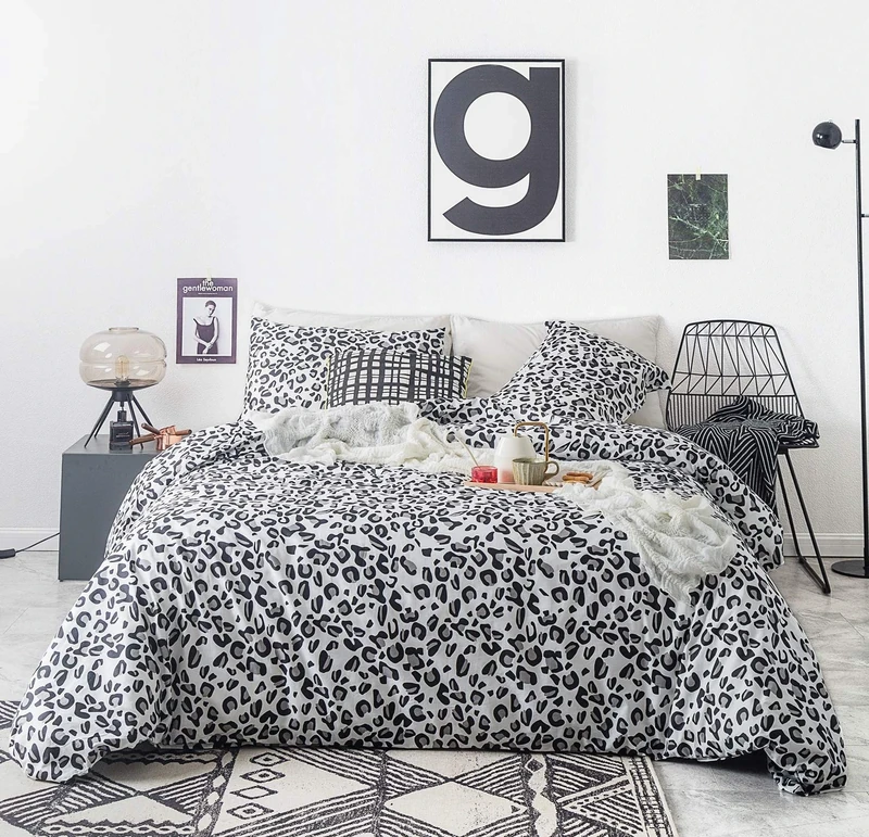 SUSYBAO Grey Leopard Duvet Cover Queen 3 Piece Set 100% Cotton Black Cheetah Duvet Cover with Zipper Ties 2 Pillowcases Soft White Cheetah Print Bedding