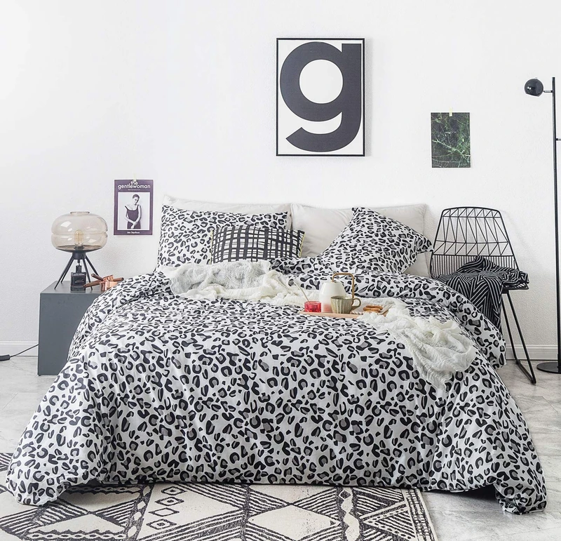 SUSYBAO King Leopard Duvet Cover Set 3 Pcs 100% Cotton Black & White Cheetah Animal Print Duvet Cover with Zipper Ties 2 Pillowcases Luxury Soft Leopard Bedding Set Comfy