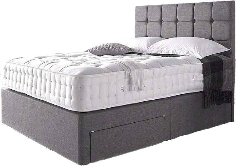 Divan Beds Deals - Durable Grey Linen Divan Bed | Bed Frame with Spring Memory Foam Mattress | Room Decore 20” Cube Headboard & 2 Spacious Storage Drawers (4FT Small Double)