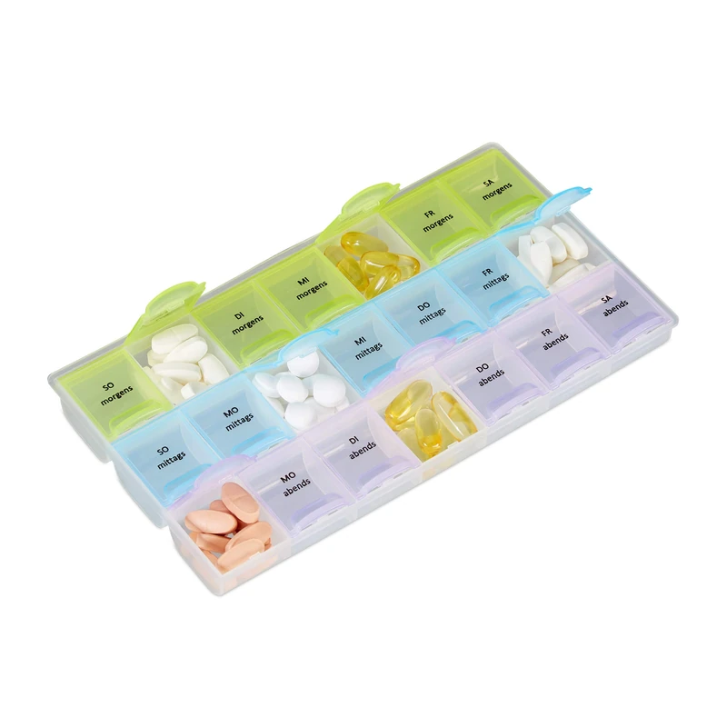 Relaxdays 7-Day Pill Box, 3 Compartments, Morning, Noon, Evening, Lidded Weekly Organiser, Transparent, 2,5 x 21,5 x 12 cm