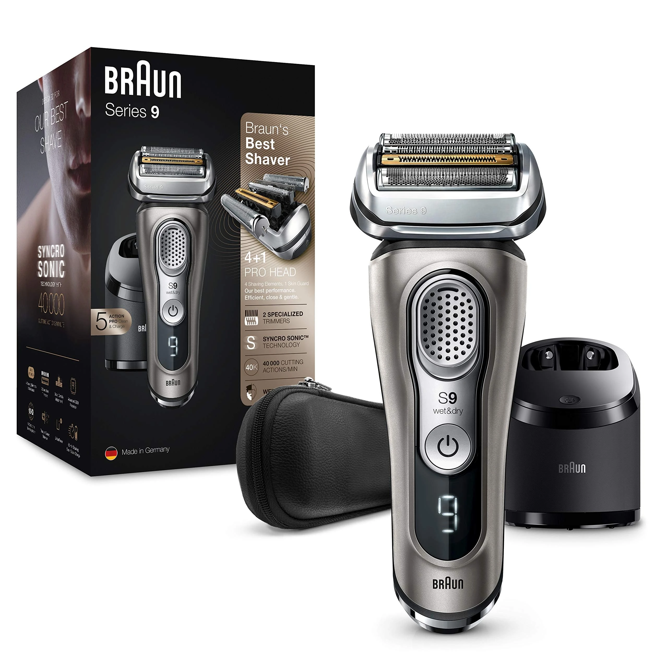 Braun Series 9 Electric Shaver 5, Electric Razor for Men With Clean & Charge Station & Leather Case, Gifts For Him, 2 Pin Bathroom Plug, 9385cc, Graphite Razor
