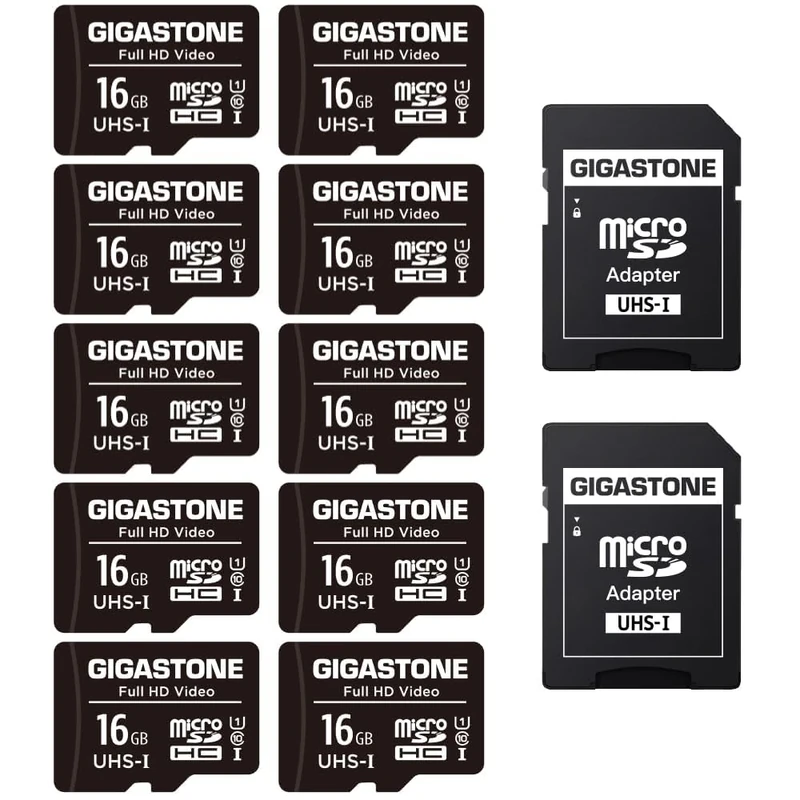 GIGASTONE Micro SD Card 16GB 10-Pack with 2x SD Adapter + 4x Mini-case, FHD Video, Surveillance Security Cam Action Camera Drone, 85MB/s Micro SDXC UHS-I U1 Class 10