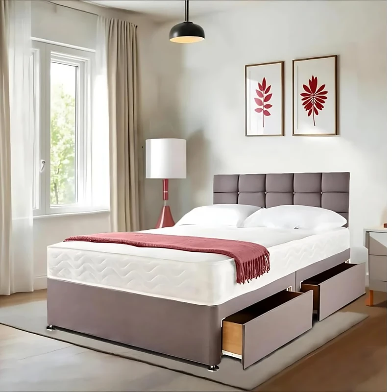 Divan Beds Deals - Grey Linen Divan Double Bed – 10” Spring Memory Foam Mattress, 20” Cube Headboard & 2 Storage Drawers | Complete Bed & Mattress Set