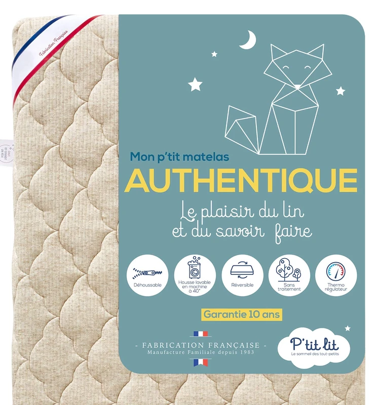 P'TIT LIT Baby Mattress 60x120 cm - Linen Cover - Made in France