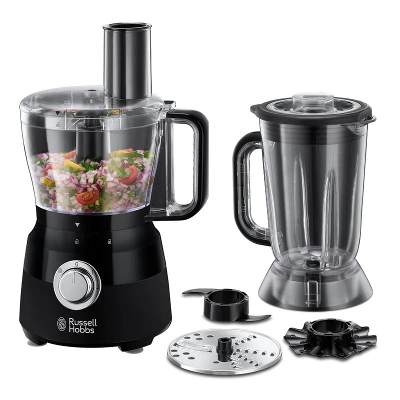 Russell Hobbs Desire Electric Food Processor, Bowl with 1.5L usable capacity, 1.5L Plastic jug, Stainless steel blades, reversible slicing/shredding disk, dough hook & creaming disk inc, 600W, 24732