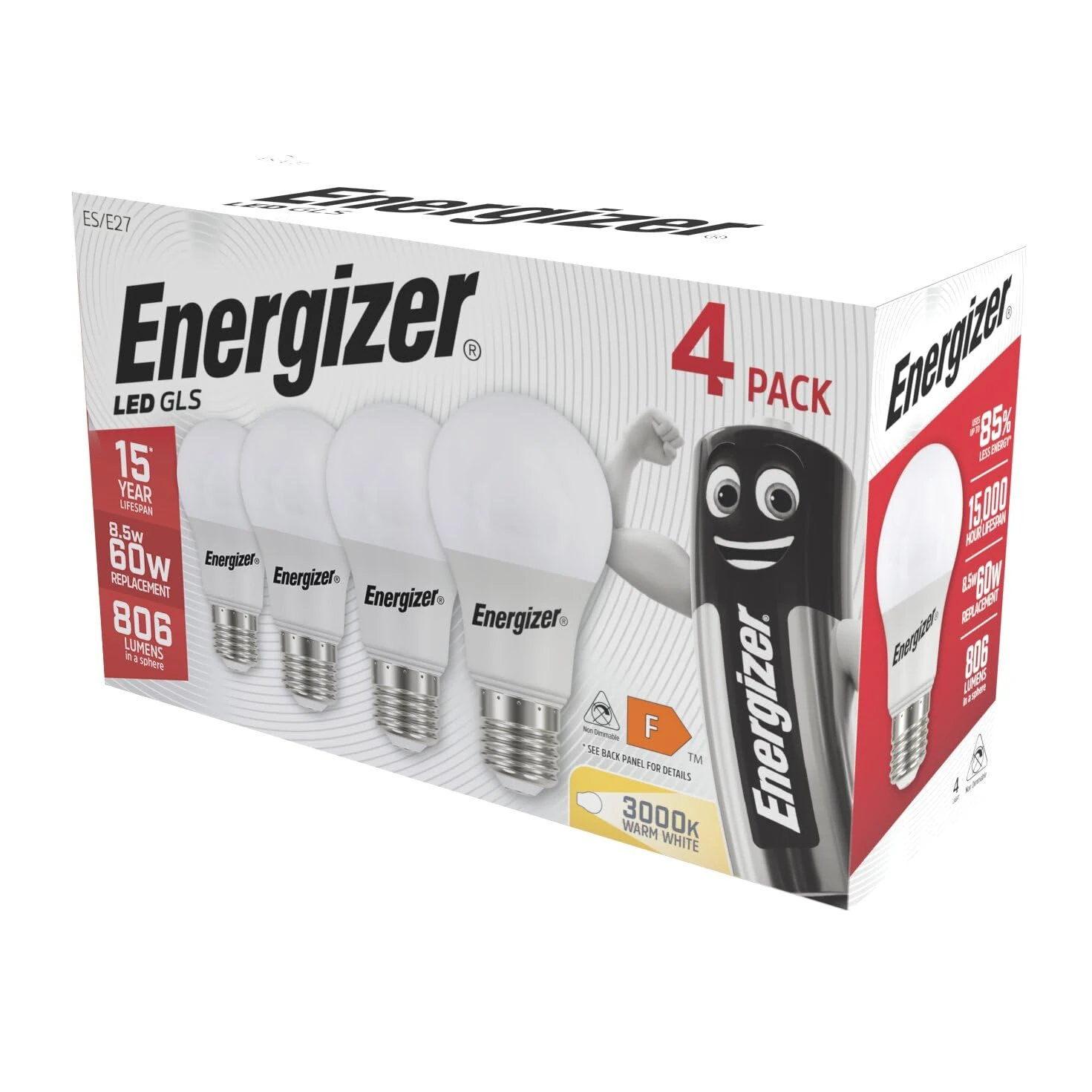Energizer GLS Replacement LED Bulb 4 Pack (Warm White E27, 60W), (ENGS14057)