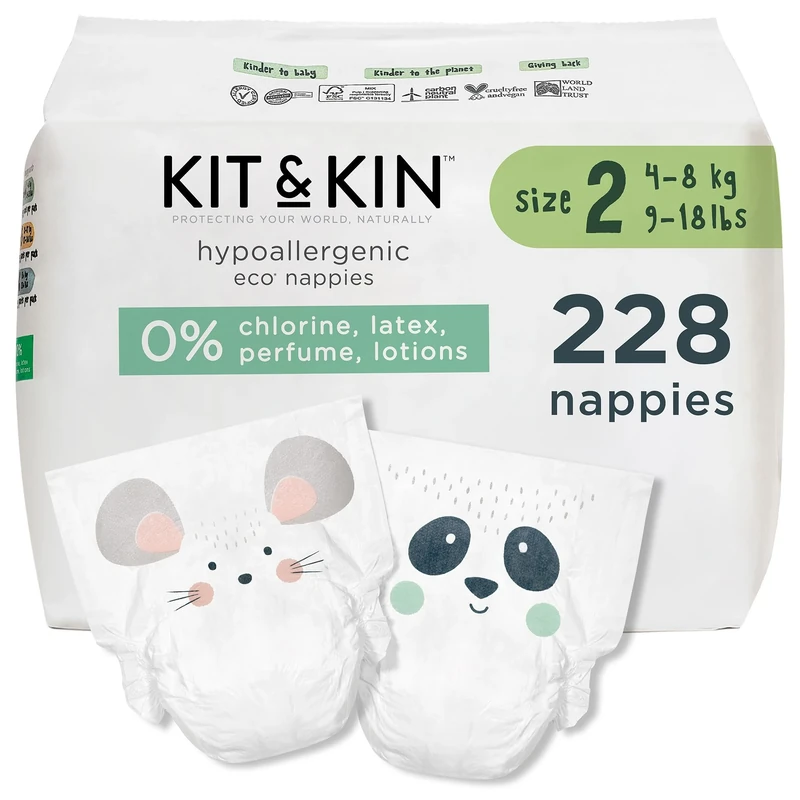 Kit & Kin Premium Eco Baby Nappies Size 2 | 4-8 kgs / 9-18 lbs | Pack of 228 Nappies | Plant-Based & Hypoallergenic | Superior up to 12 Hour Leak Protection | Vegan & Cruelty Free
