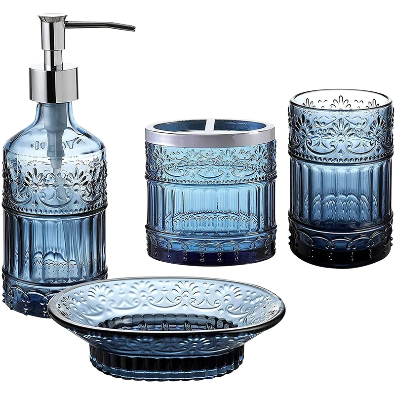 WHOLE HOUSEWARES | Bathroom Accessory Set | 4-Piece Bathroom Accessories Set | Soap Dispenser, Tray, Jar, Toothbrush Holder | Elegant Mosaic (Blue)