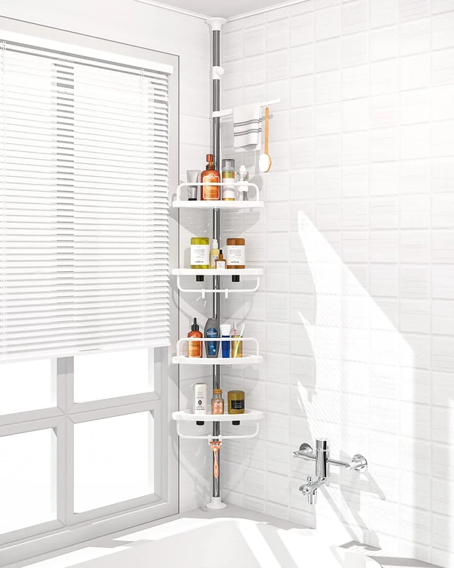 ADOVEL 4 Layer Corner Shower Caddy, Adjustable Shower Shelf, Constant Tension Stainless Steel Pole Organizer, Rustproof 3.3 to 9.8ft