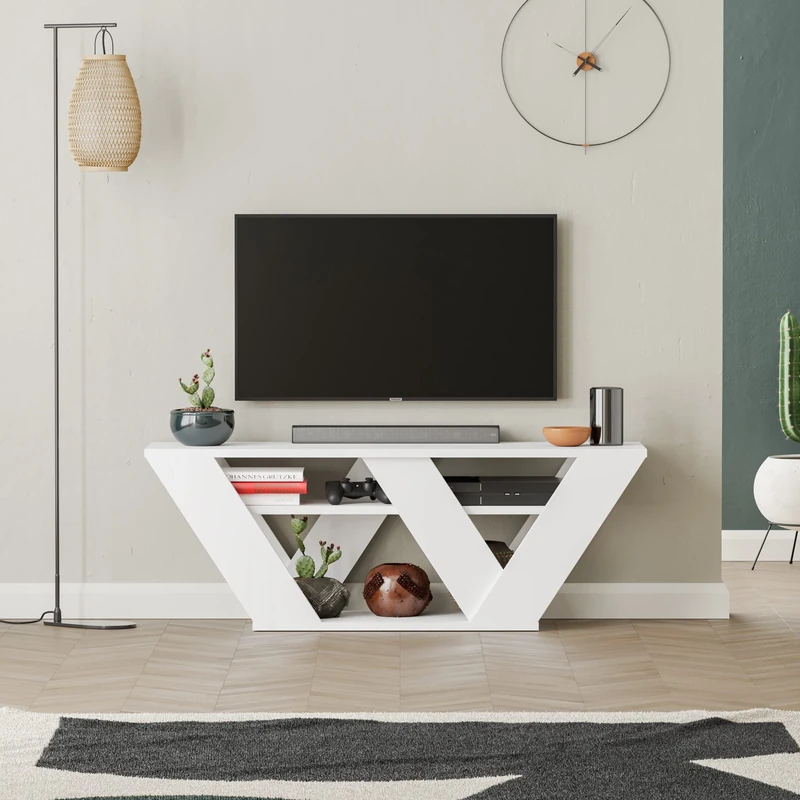 HOCUS PICUS Modern TV Unit up to 42 inch TV's | 110×30×40 cm | Minimalist Living Room TV Stand with 2-Tier Open Storage | Diagonal Design Media Console (White) - Image 1
