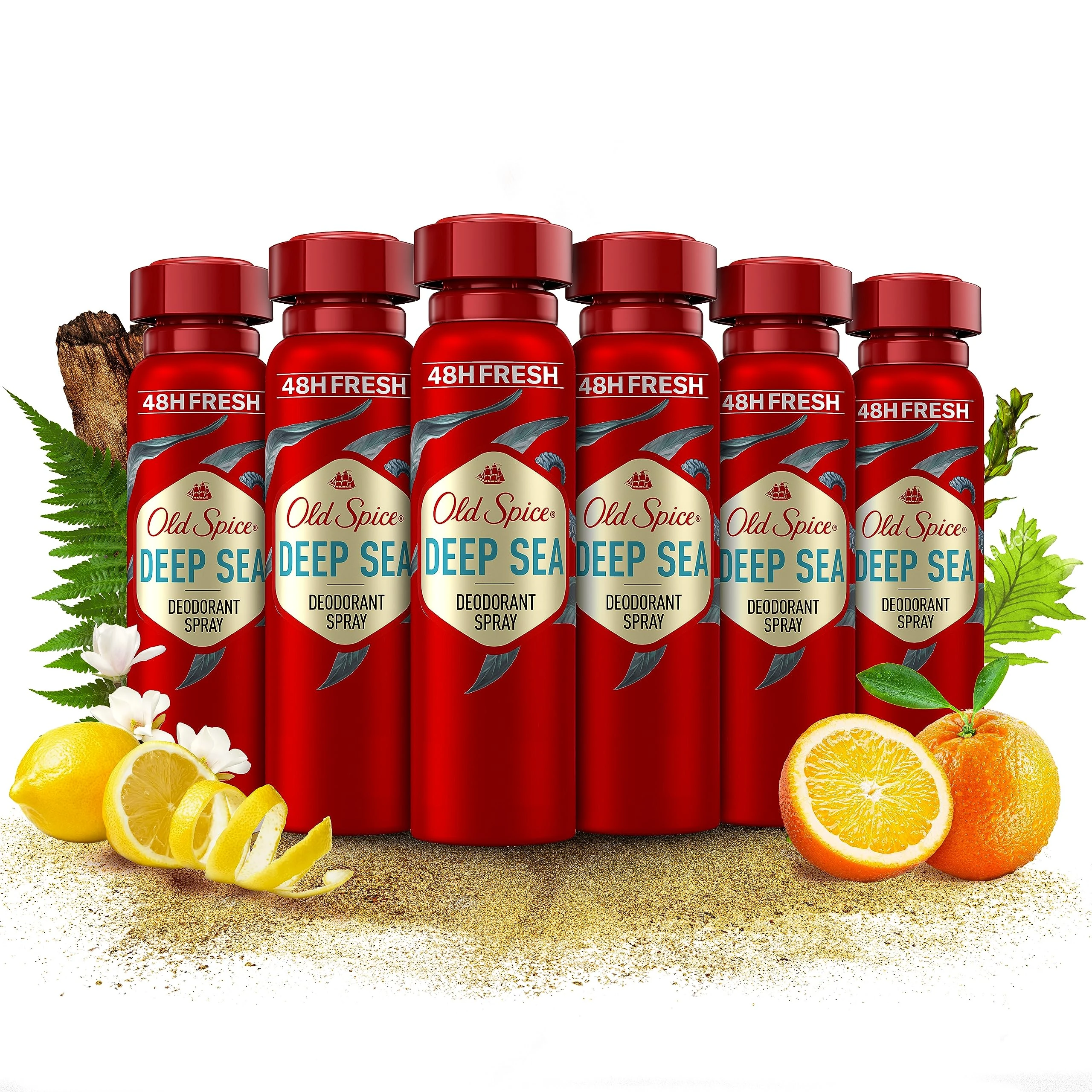 Old Spice Deep Sea Deodorant Body Spray For Men 150 ml, 48H Fresh, 0 Percent Aluminium Salts, Anti-White Marks and Yellow Stains x6