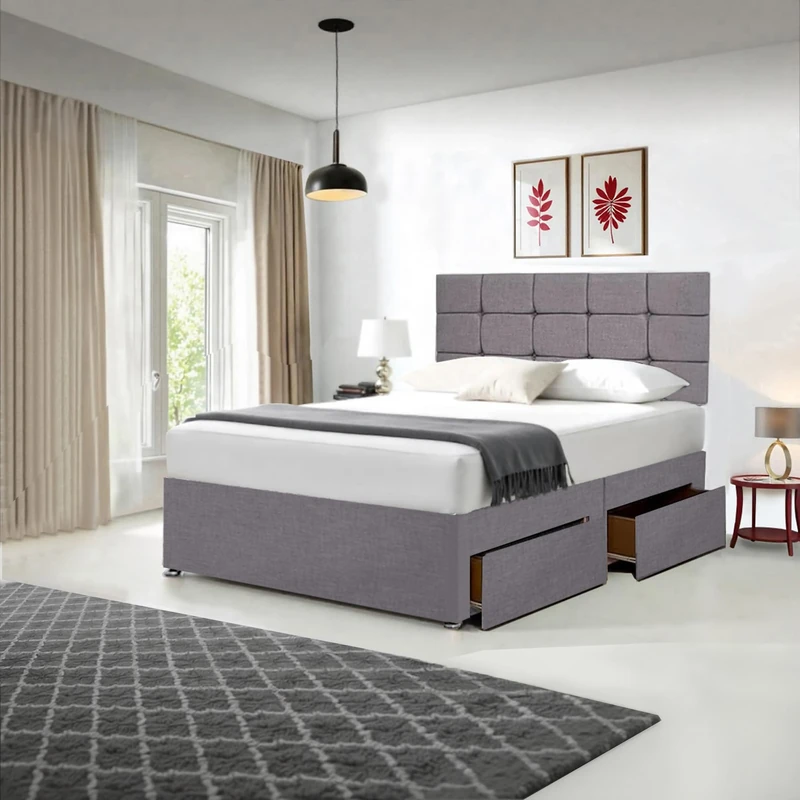 Divan Beds Deals - Durable Grey Linen Divan Bed | Bed Frame with Spring Memory Foam Mattress | Room Decore 20” Cube Headboard & 2 Spacious Storage Drawers (3FT Single)