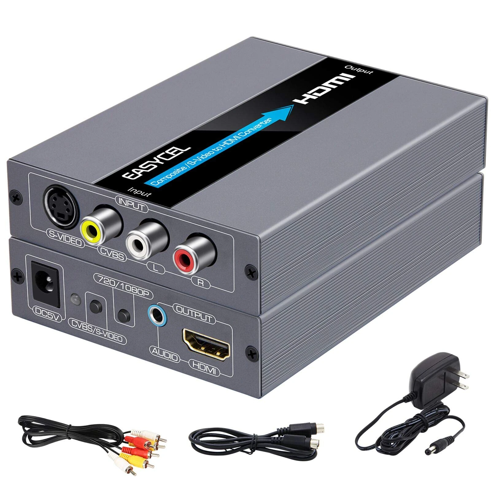 EASYCEL RCA Svideo to HDMI Converter, Composite CVBS AV RCA to HDMI Converter, RCA/S-video + R/L Audio Input to HDMI Output Upscale Converter(Aluminum)