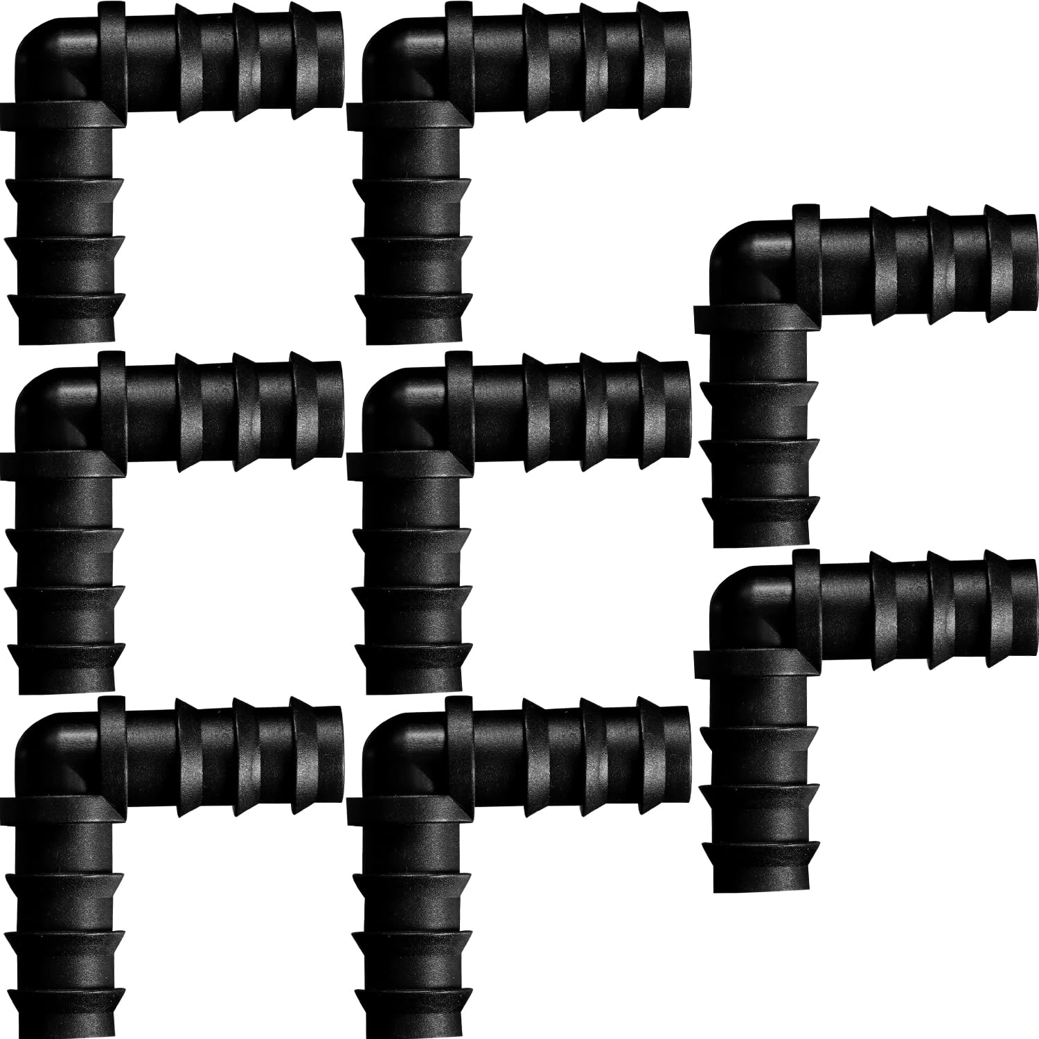 Maitys 8 Pieces Drip Irrigation Fittings Connectors 1/2 Inch Irrigation Tubing Garden Hose Coupler Barbed Connector Plastic Soaker Hose Connectors Hose End Stop, Black(Elbow)