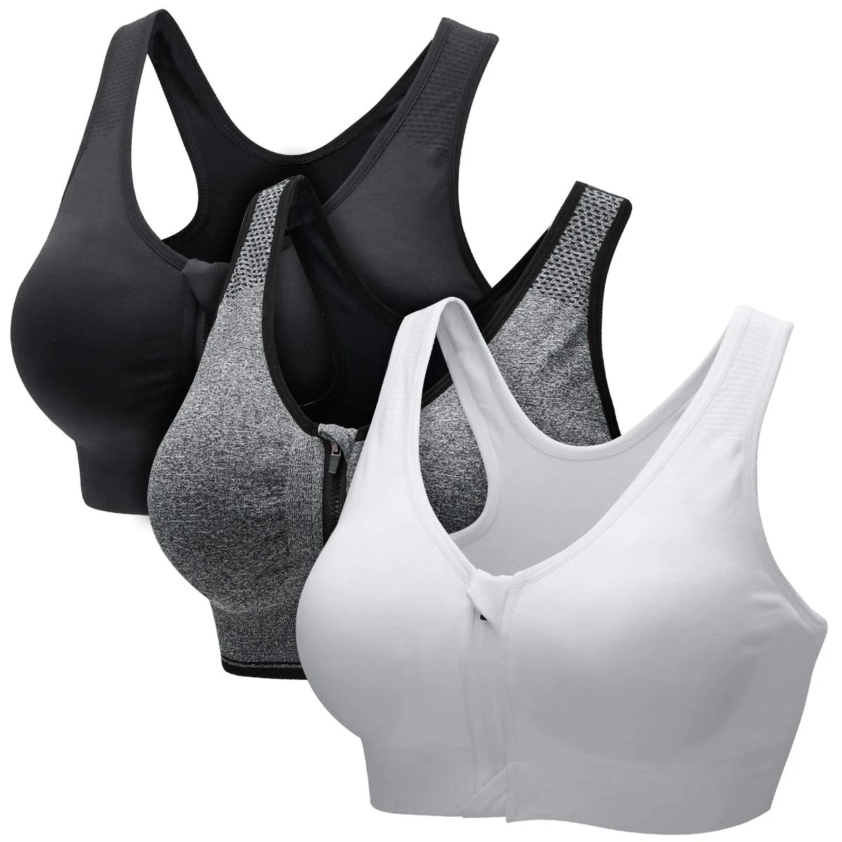 CARETOO Women's Sports Bra Front Zip Wireless Bras Shock Absorber Sports Bra, Stress Training Yoga Bustier with Removable Pads for Running Gym Fitness (Black & Grey & White, S)