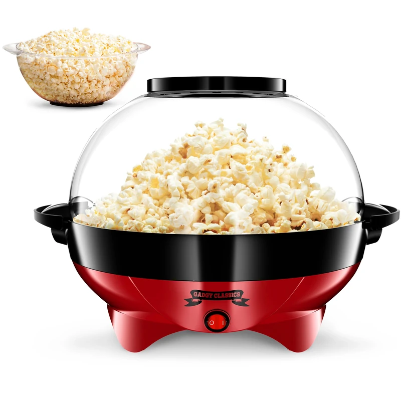 Gadgy Popcorn Machine | Fast Hot Air Popcorn Maker l Healthy, Oil Free/Fat Free l with Measuring Cup and Removable Top Cover l Retro Red Overlay