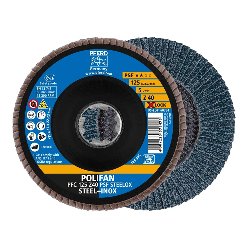PFERD Polifan Serrated Washer, 125 mm, Z40, X-Lock (22.23 mm), PSF Steelox, 67664126 - for High Economy Thanks to Aggressive Machining and Good Service Life