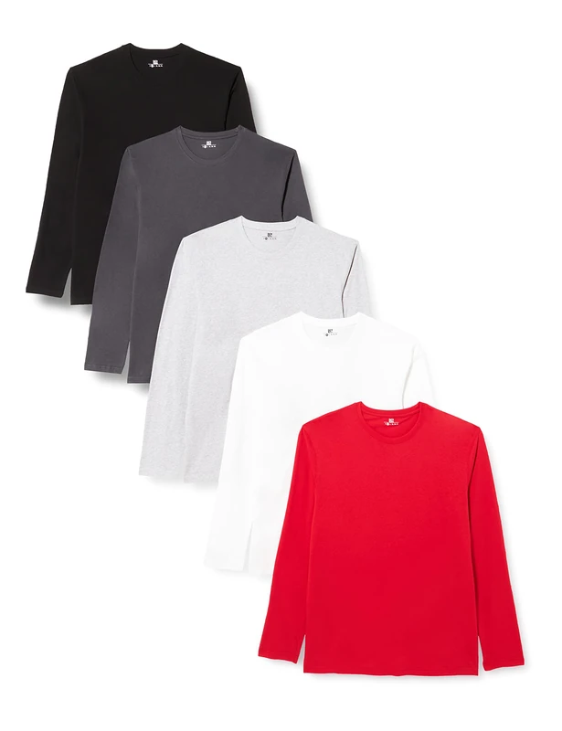 Lower East Basic Long Sleeve Shirt with Round Neck, Multicolour (Black/Olympia Blue/Red/ Light Grey/ White), L, Pack of 5