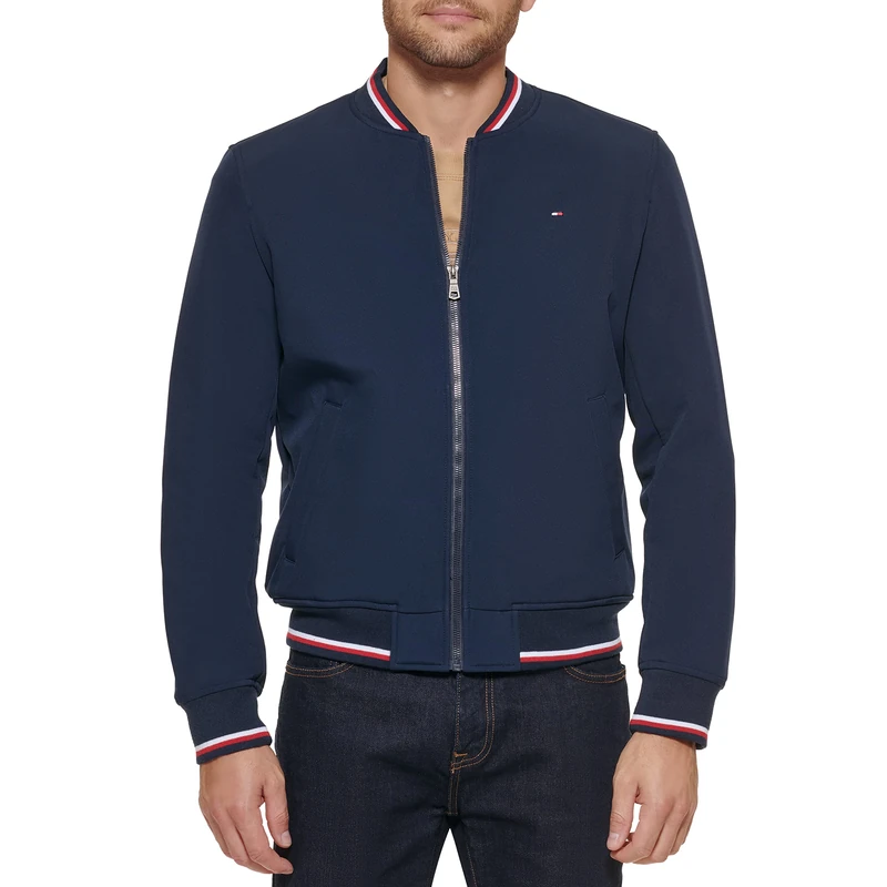 Tommy Hilfiger Men's Lightweight Varsity Rib Knit Bomber Shell Jacket, Midnight Soft Shell, XXL UK