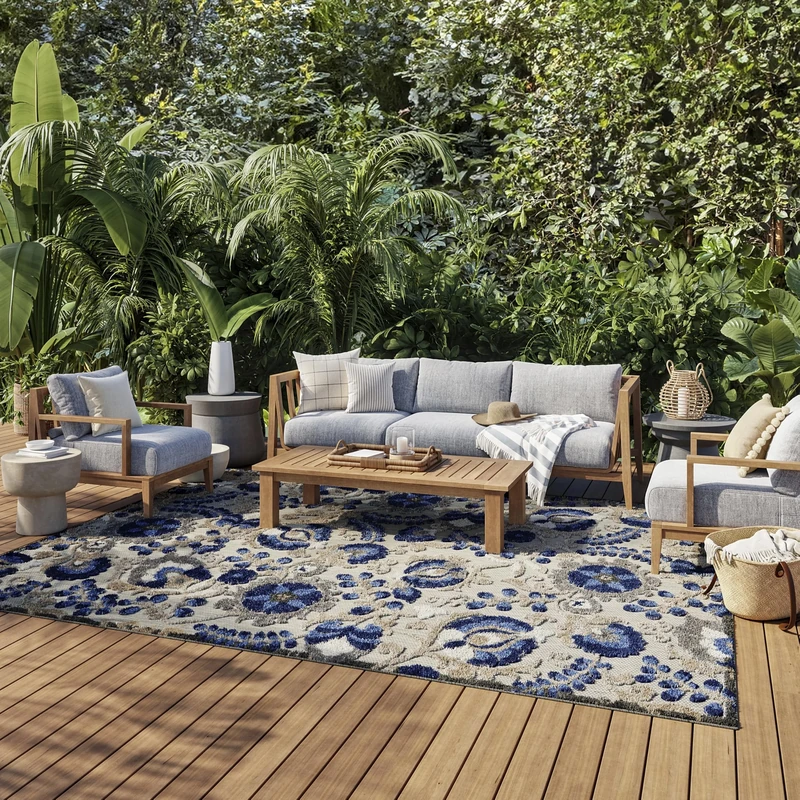 NOURISON Aloha Indoor/Outdoor Floral Natural/Blue 7'x10' Area Rug (7' x 10')