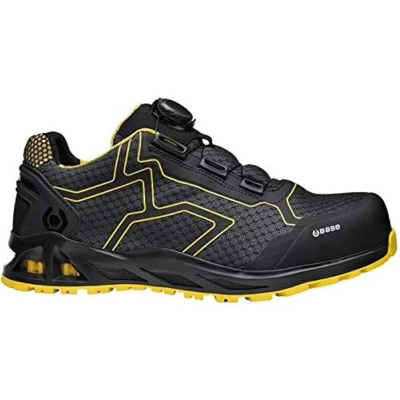 BASE K-RUSH B1005C S1P HRO SRC Aluminium Toe i-daptive Sole Dry’n Air Footbed SmellStop BOA Closure Ballistic Midsole Safety Trainer, Black/Yellow, UK 12