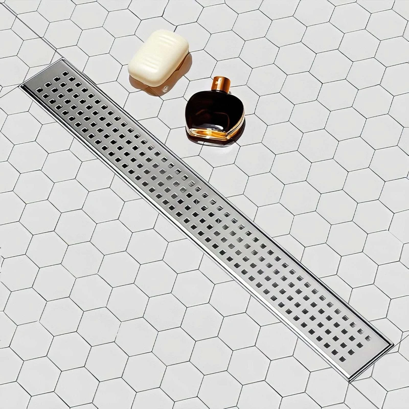 SaniteModar Linear Shower Drain,Linear Drain 28 inch with Removable Square Hole Panel, AISI304 Brushed Stainless Steel Shower Floor Linear Drain with Adjustable Feet and Hair Catcher